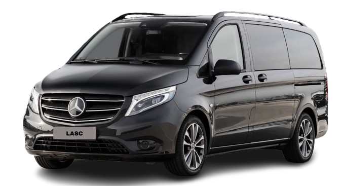 Mercedes V Class, Mercedes Vito or similar. These can accommodate up to 6 passengers with 6 suitcases(23kg max) and 5 hand luggage (cabin size), or 8 passengers with 5 suitcases and 5 hand luggage (Cabin size)